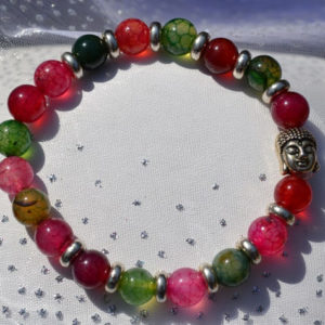 Bracelet Agates roses et vertes 8mm tête de Bouddha