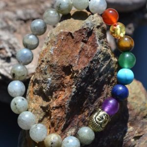 Bracelet Labradorite et 7 chakras 8mm Bouddha doré