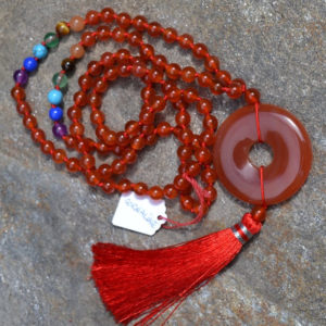 Collier Mala Cornaline 7 chakras 6mm, pendentif donut cornaline
