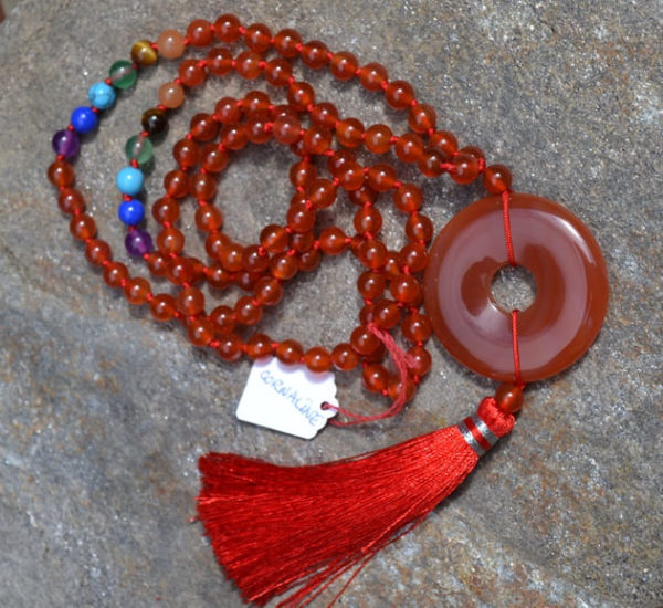Collier Mala Cornaline 7 chakras 6mm, pendentif donut cornaline
