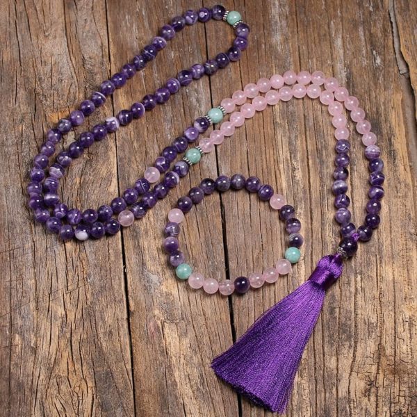 Collier Mala Quartz rose, Améthyste et Amazonite – Image 2