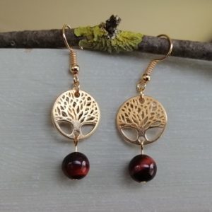 Boucles d'oreilles Œil de Tigre et arbre de vie