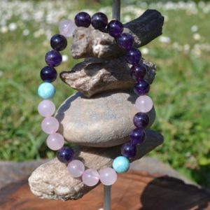 Bracelet en Améthyste, Quartz rose et Amazonite