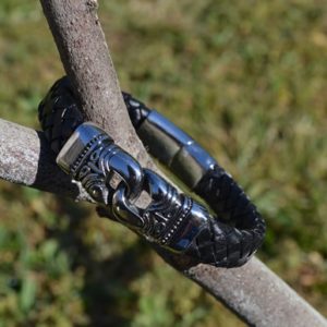 Bracelet cuir noir et acier inox