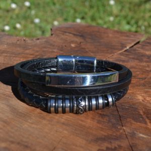 Bracelet cuir noir et acier, 3 brins
