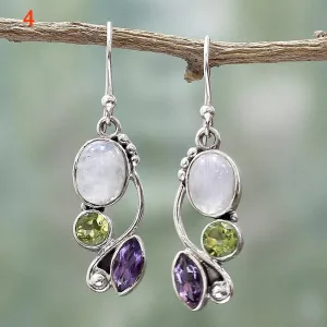 Boucles d'oreilles en Améthyste, Pierre de Lune et Péridot