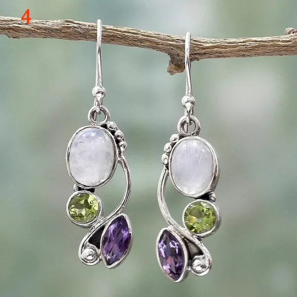 Boucles d'oreilles en Améthyste, Pierre de Lune et Péridot