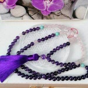 Collier Mala Quartz rose, Améthyste et Amazonite